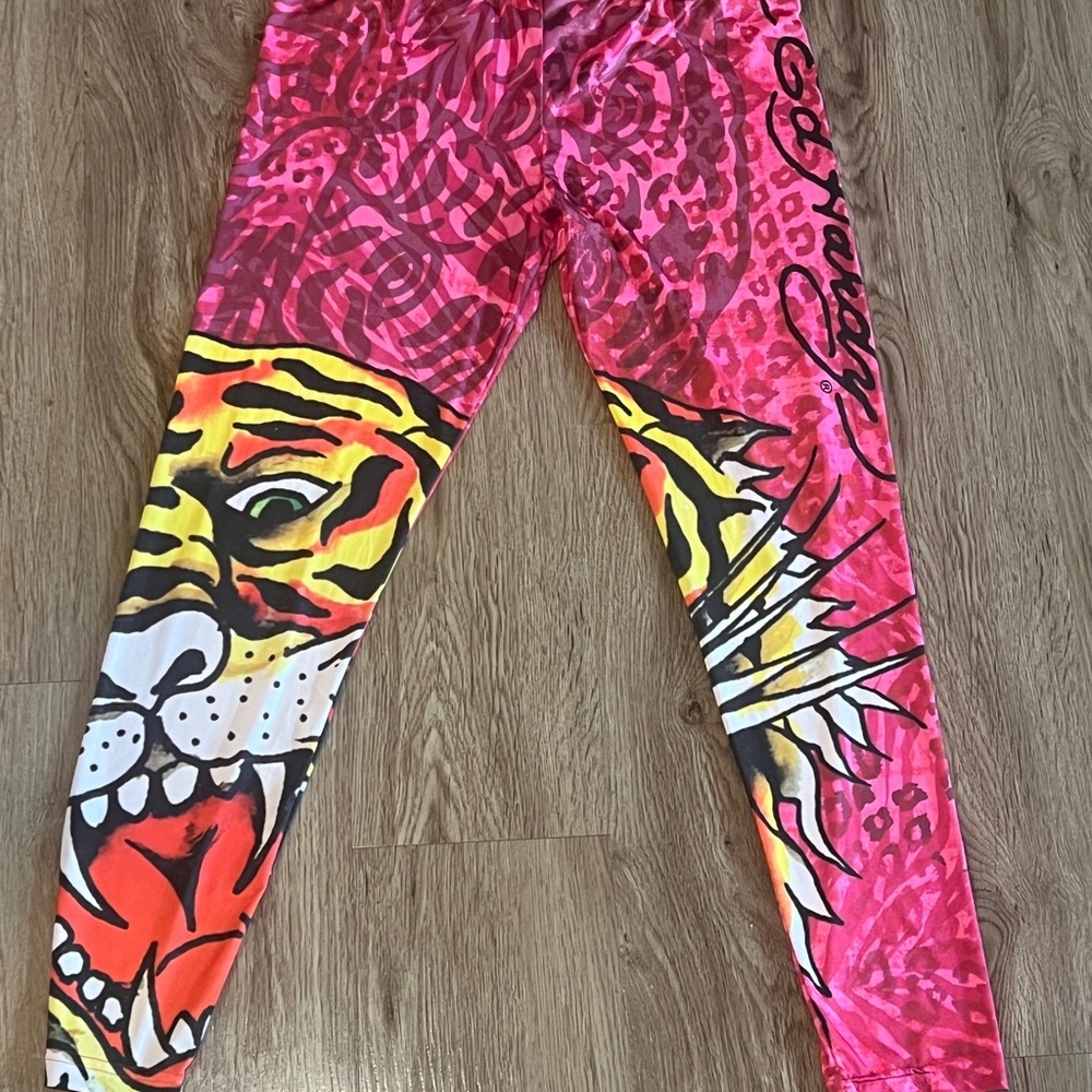 Ed Hardy Pink and Orange Tiger Animal Print Graphic Leggings